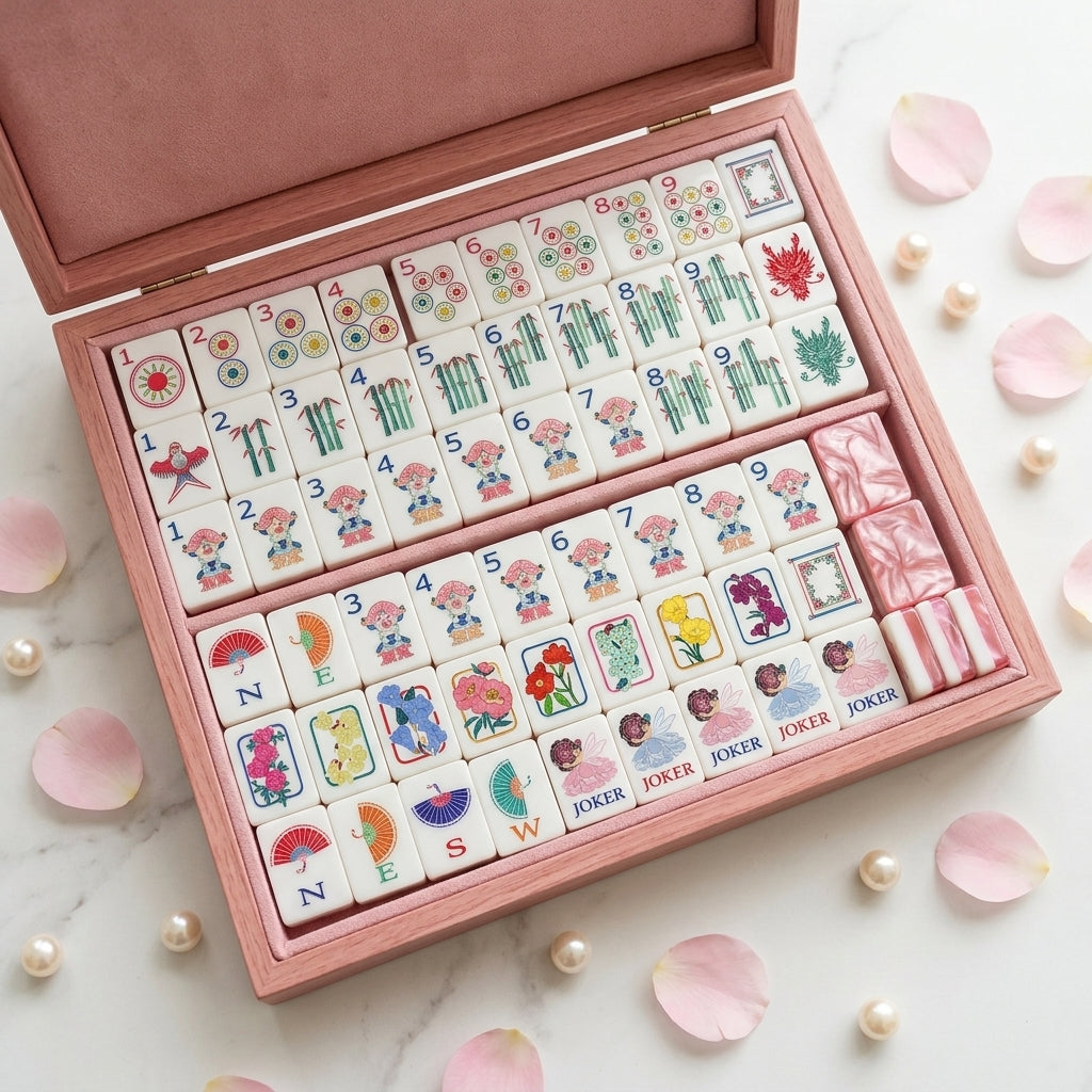 NEW 160-Piece Luxury Mahjong Tile Set, Glossy Shell Back Mahjong Tiles, Pink Floral Mahjong Set
