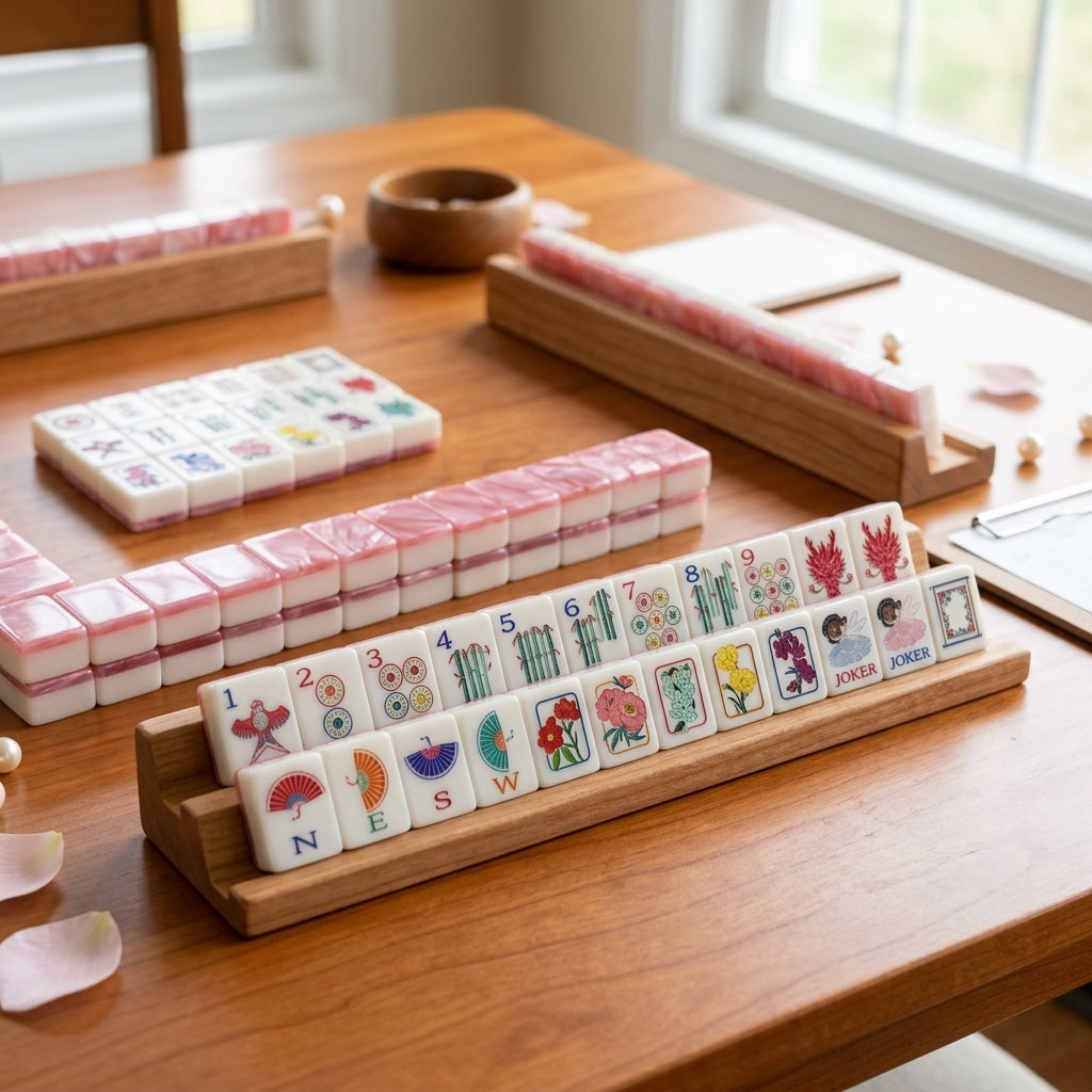 NEW 160-Piece Luxury Mahjong Tile Set, Glossy Shell Back Mahjong Tiles, Pink Floral Mahjong Set
