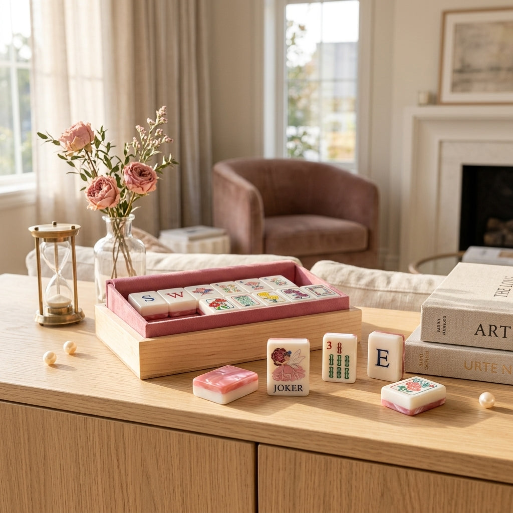 NEW 160-Piece Luxury Mahjong Tile Set, Glossy Shell Back Mahjong Tiles, Pink Floral Mahjong Set
