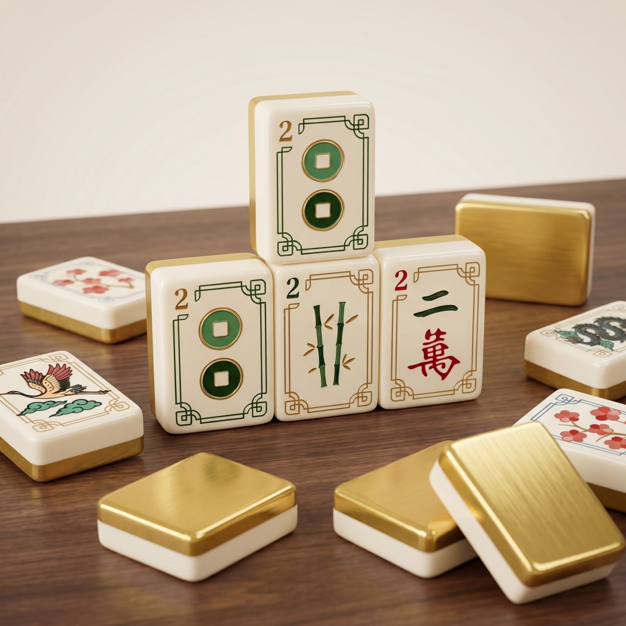 Gold & Ivory Crane Mahjong Tile Set